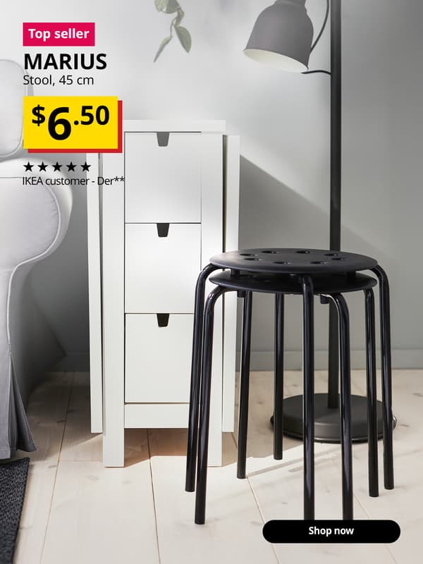 Image of MARIUS stool next to white gateleg table next to a sofa. A “Lower price” tag appears on the image. Text reads: “MARIUS, Stool, 45cm, $6.50.” Rated 5 stars by IKEA customer Der**.