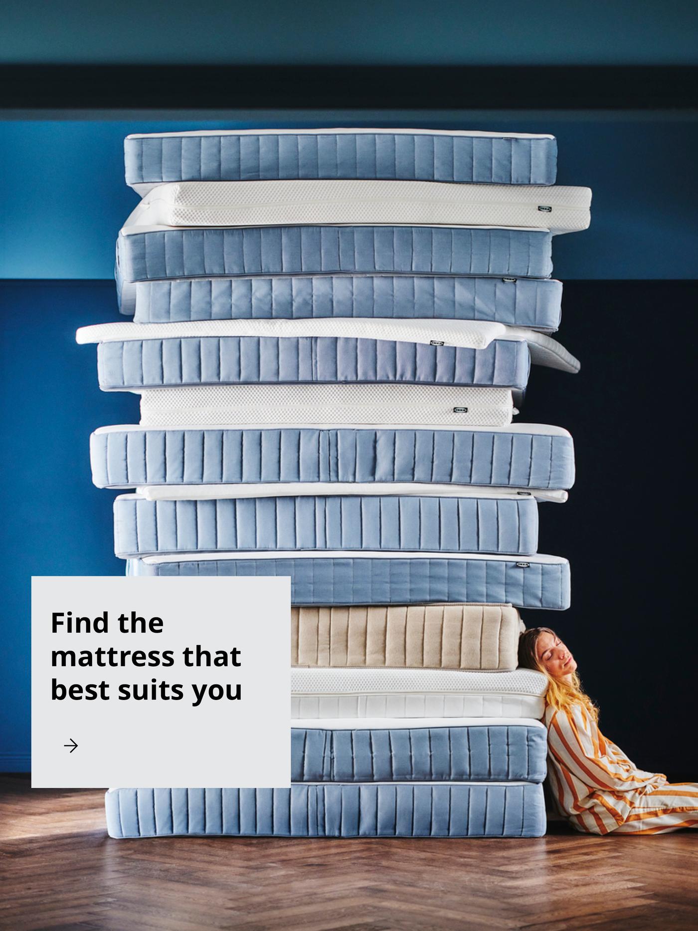 Image of stacked mattresses with the text: "Find the mattress that best suits you"