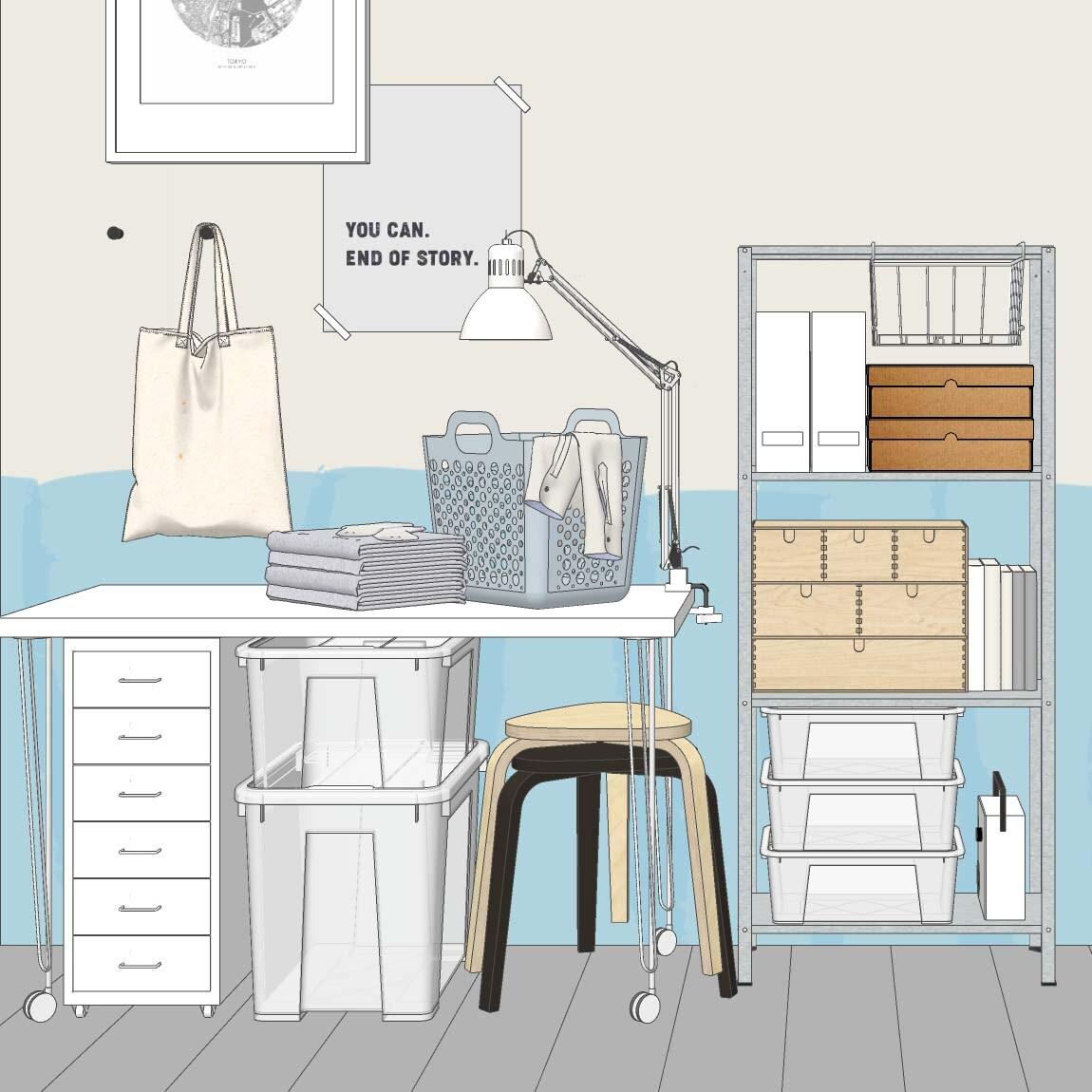 Image rendue sur ordinateur d’un bureau blanc adossé à un mur à moitié bleu. Une étagère contenant des boîtes se trouve à côté.