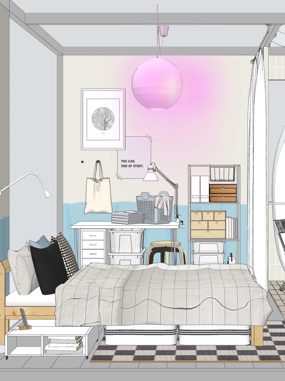Image rendue sur ordinateur d’une chambre lumineuse avec espace de bureau et rangements.