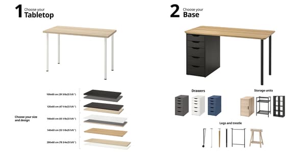 Image showcasing customizable desk options: different tabletops, bases, storage units, and legs for a personalized workspace.