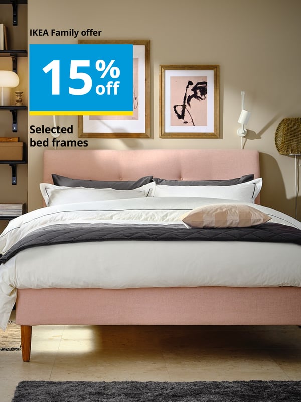 image showing a pink bed with white texties and 15% off IKEA Family member offer