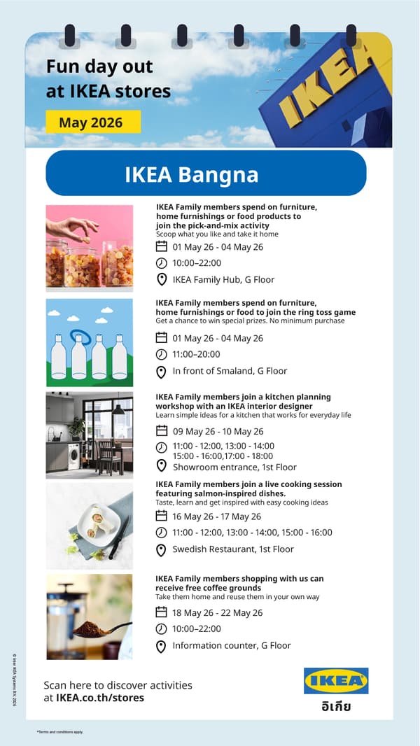 Image shows a promotional poster for “Fun day out at IKEA stores – May 2026” at IKEA Bangna. The design features a calendar-style header with the IKEA logo and a large blue title reading “IKEA Bangna.” The poster lists multiple IKEA Family activities in May 2026, including a pick-and-mix activity, ring toss game, kitchen planning workshop, live salmon cooking sessions, and free coffee grounds. Each activity includes dates, times, locations within the store, and small illustrative images such as jars of candy, bottles, a kitchen interior, plated food, and coffee grounds. A QR prompt at the bottom invites viewers to scan for more activities at IKEA.co.th/stores.
