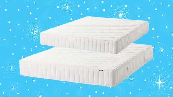 Image shows two IKEA mattresses against a starry blue background.
