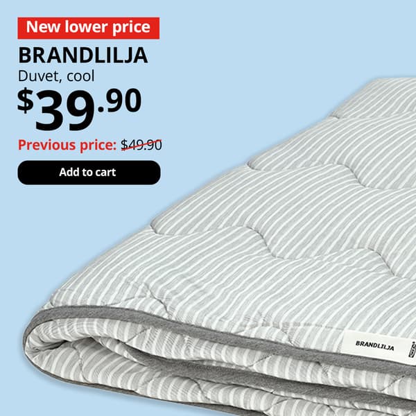 Image with "New Lower price" tag. Text on image reads, BRANDLILJA, Duvet, cool. Price at $39.90, Previous price $49.90.