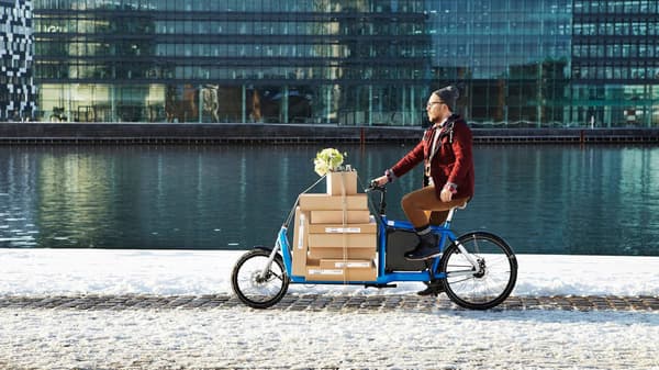 Imagem de um rapaz a transportar caixas da Ikea numa bicicleta