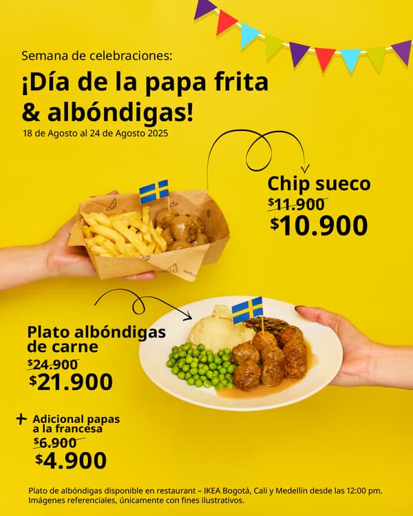 Imagen amarilla con promociones en platos de comida por día de las albóndigas y papas fritas.