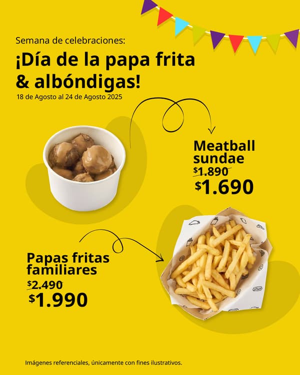 Imagen amarilla con promociones en platos de comida por día de las albóndigas y papas fritas.