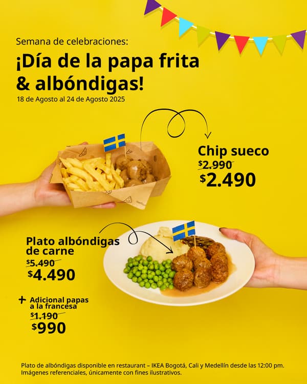 Imagen amarilla con promociones en platos de comida por día de las albóndigas y papas fritas.