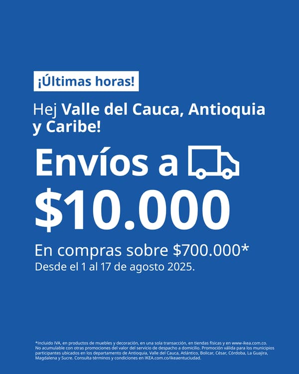 Imagen azul con mensaje de envíos a $10.000 en ciertas zonas de Colombia por últimas horas.