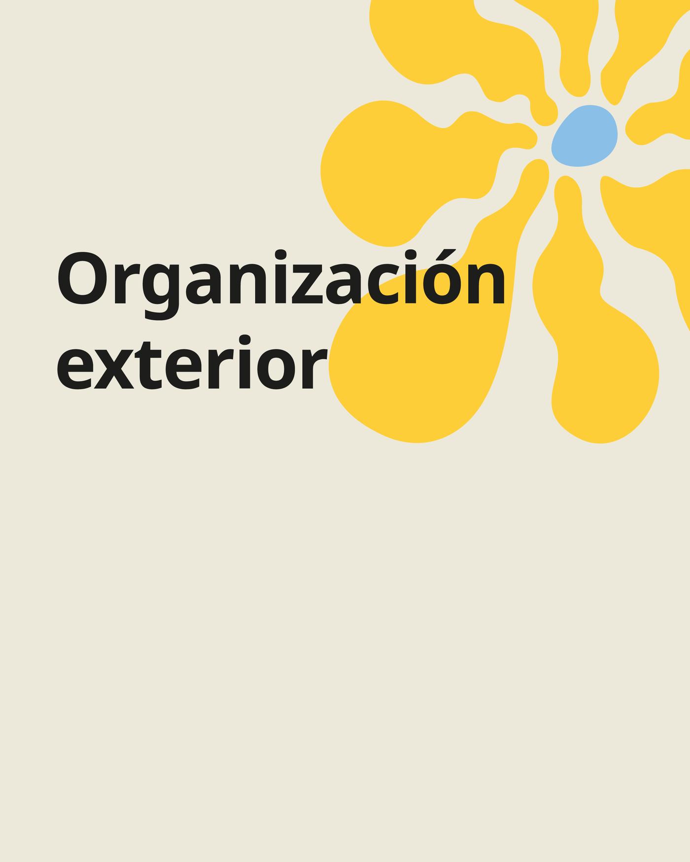 Imagen beige con flor amarilla y el texto "organización exterior".
