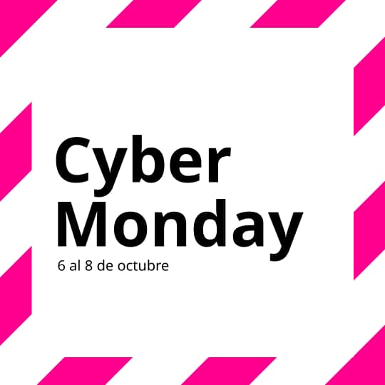 Imagen blanca con marco fucsia y el texto "¡Ya comenzó! Cyber Monday 6 al 8 de octubre.
