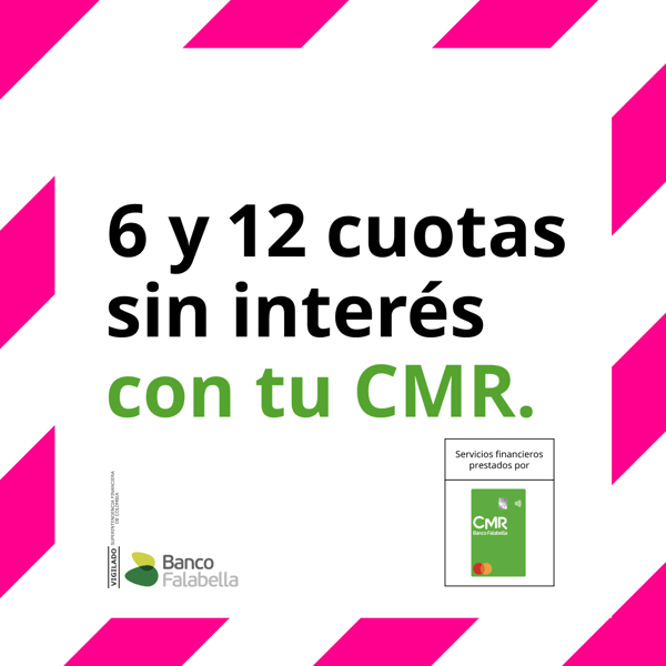Imagen con borde fuscia con rayas con llamado de 6 y 12 cuotas sin interés con tu CMR.