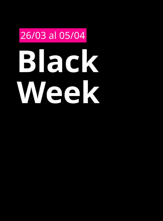 Imagen con fondo negro que muestra un recuadro fucsia en la parte superior con el texto “26/03 al 05/04” y, al centro, el texto en blanco “Black Week"