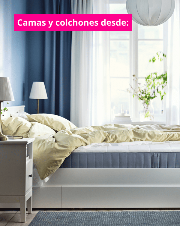 Imagen de camas y colchones con cuadrado fucsia que sale la categoria con letras blancas.