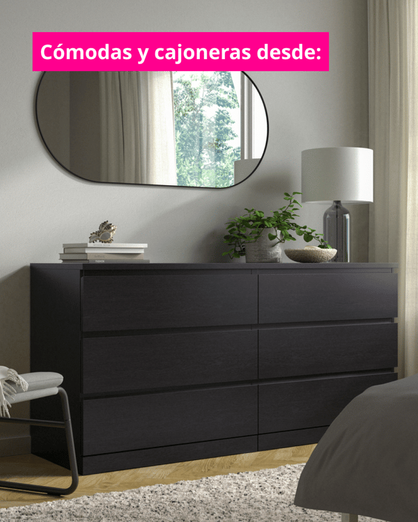 Imagen de cómodas y cajoneras con cuadrado fucsia que sale la categoria con letras blancas.