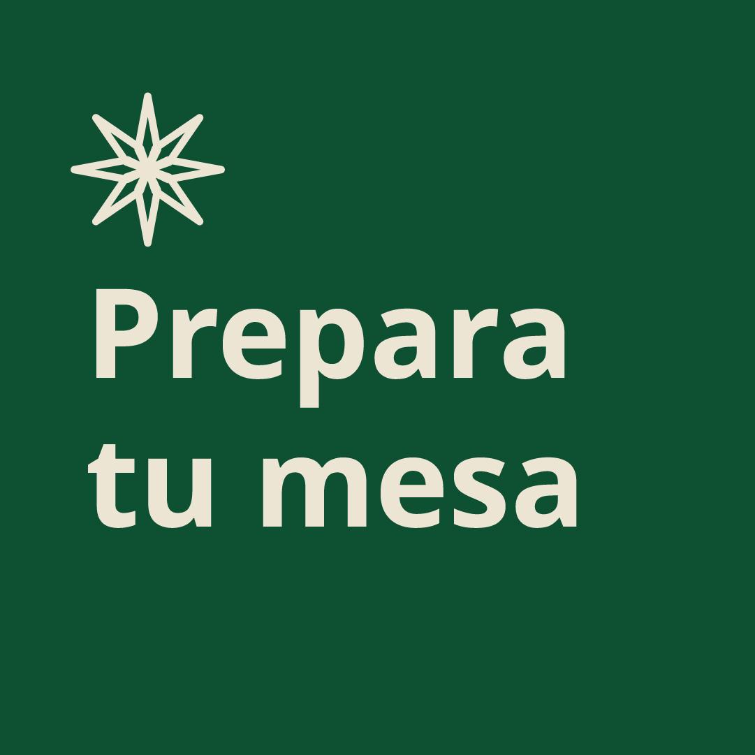 Imagen de donfo verde con texto "prepara tu mesa" y sobre el texto diseños de Navidad.