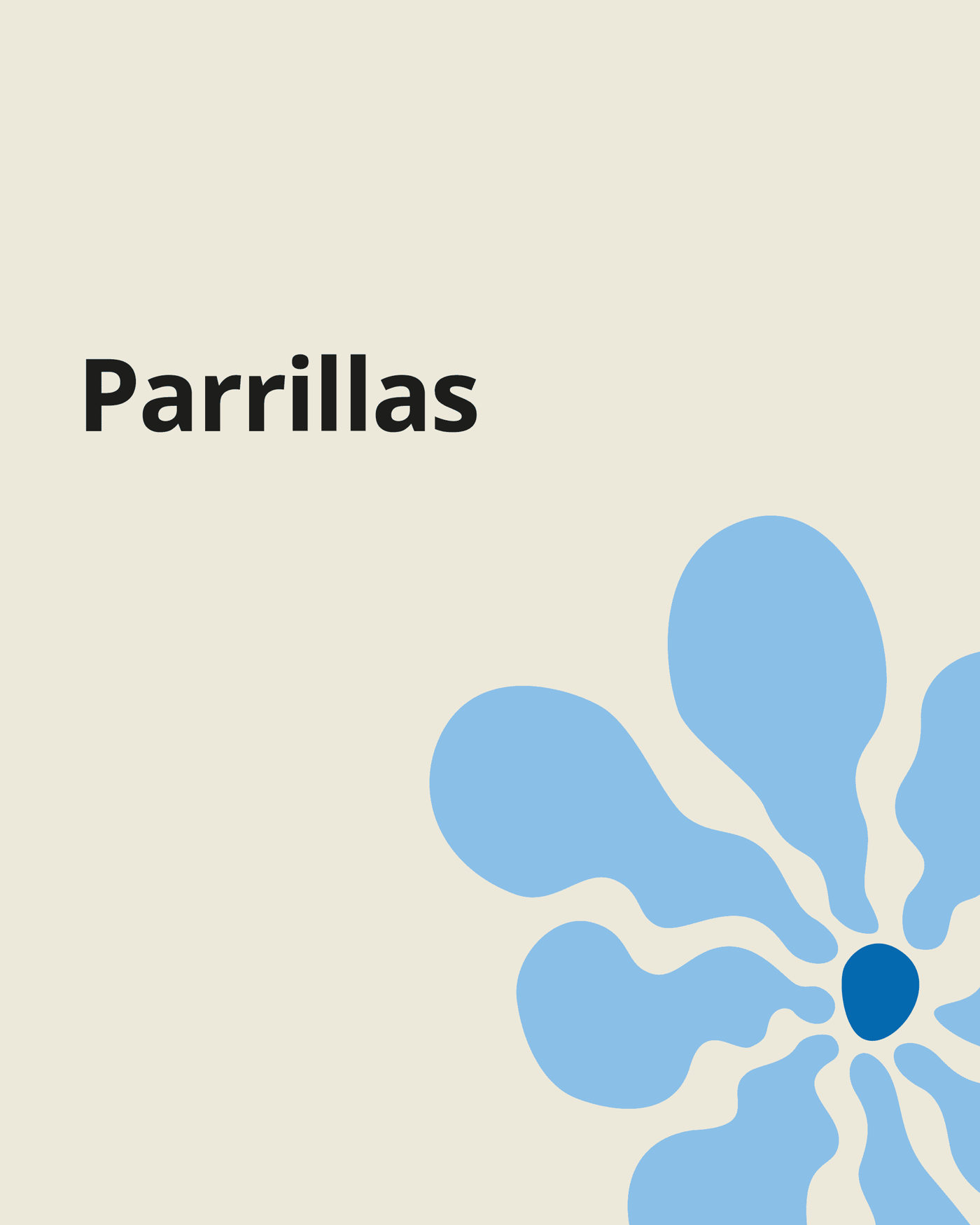 Imagen de fondo beige con una flor celeste y el texto "Parrillas".
