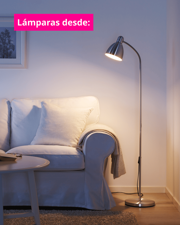Imagen de lámparas con cuadrado fucsia que sale la categoria con letras blancas.