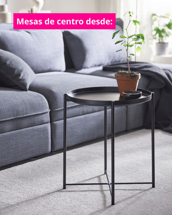 Imagen de mesas de centro con cuadrado fucsia que sale la categoria con letras blancas.