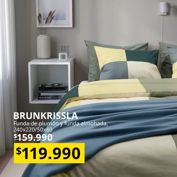 Imagen de ropa de cama azul con amarillo de producto del mes.