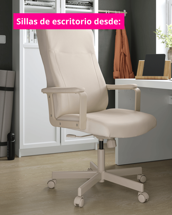 Imagen de sillas de escritorio con cuadrado fucsia que sale la categoria con letras blancas.