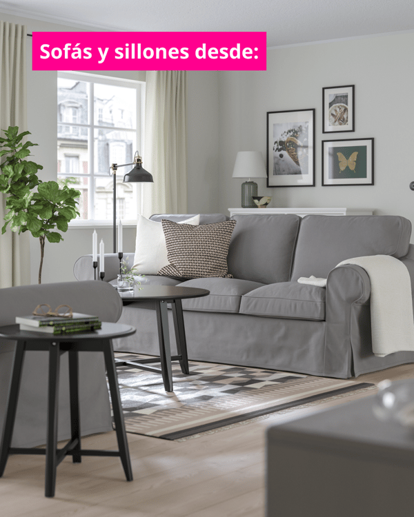Imagen de sofás y sillones con cuadrado fucsia que sale la categoria con letras blancas.