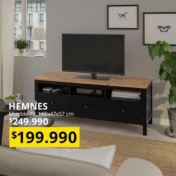 Imagen de un mueble de TV HEMNES y su bajada de precio desde $249.990 a $199.990.