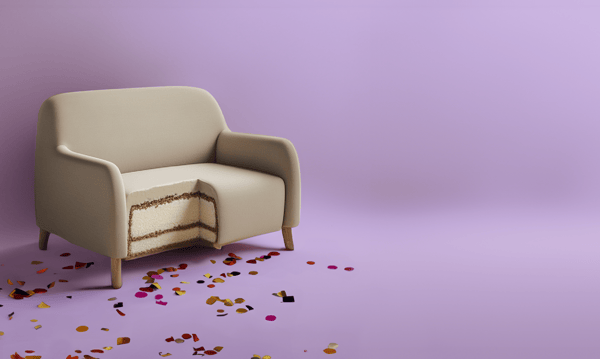Imagen de un sofá IKEA en un fondo morado, con ambiente de celebración.