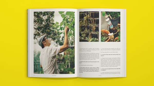 Imagen del libro US & Our Planet de IKEA abierto en una página de desarrollo sobre formas de vida en el hogar, con texto y fotografías, sobre un fondo amarillo