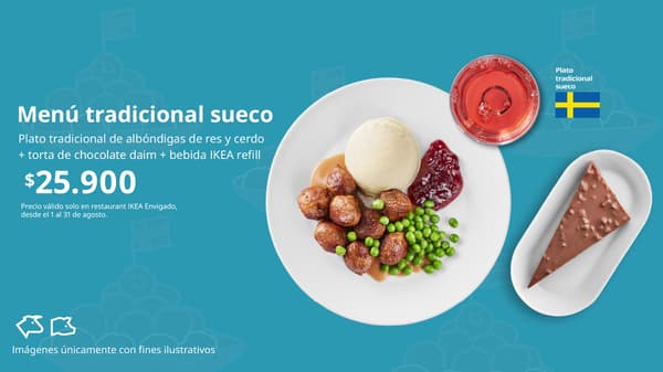 Imagen del plato sueco de albóndigas con puré y arvejas junto a bebida sueca fucsia y postre de chocolate sueco.