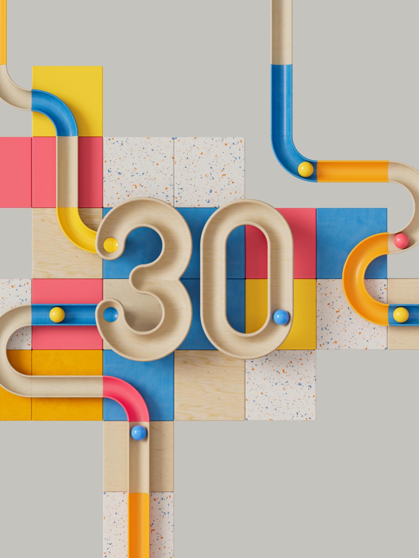 Imagen en 3D del número treinta con un patrón geométrico.