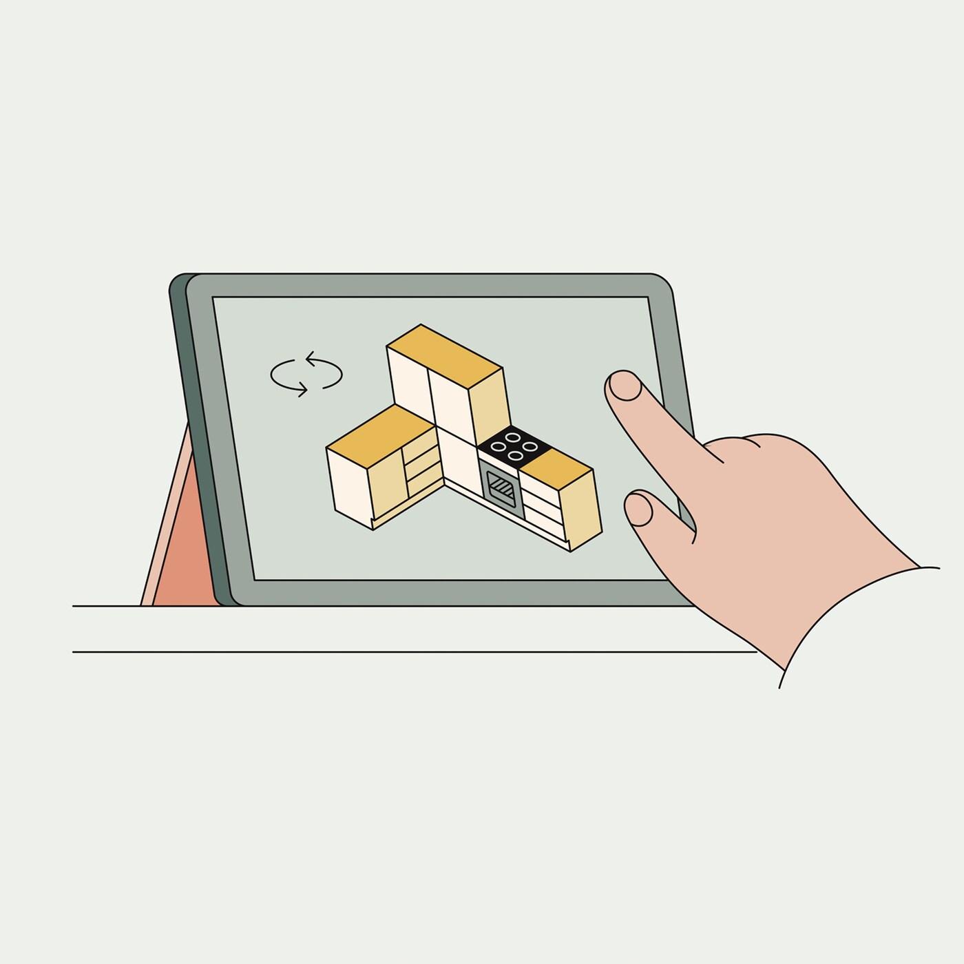 Imagen ilustrada de una mano utilizando el planificador de cocinas en una tablet.