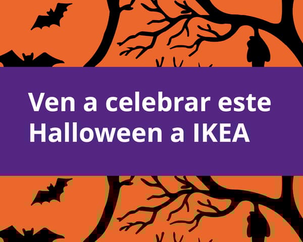 Imagen naranja con iconos de Halloween con mensaje de "Ven a celebrar este Halloween a IKEA".