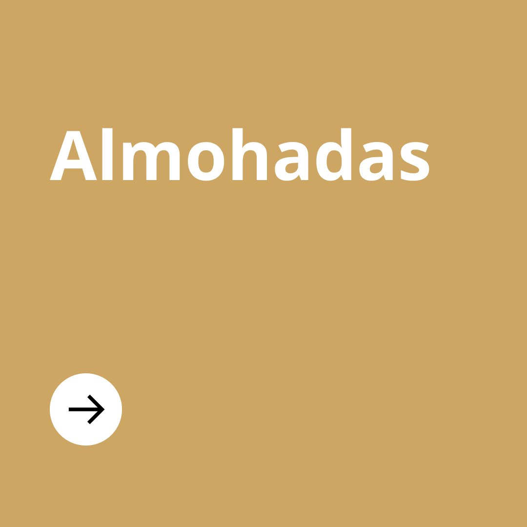 Imagen naranja con texto "almohadas" en blanco y en la parte inferior de la imagen un círculo con una flecha negra.