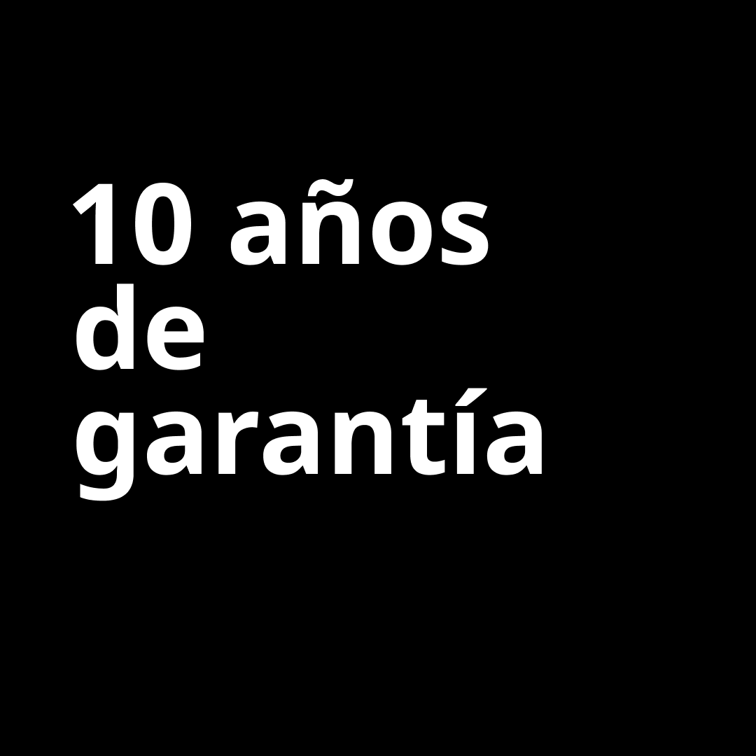 Imagen negra con texto en blanco "10 años de garantía".