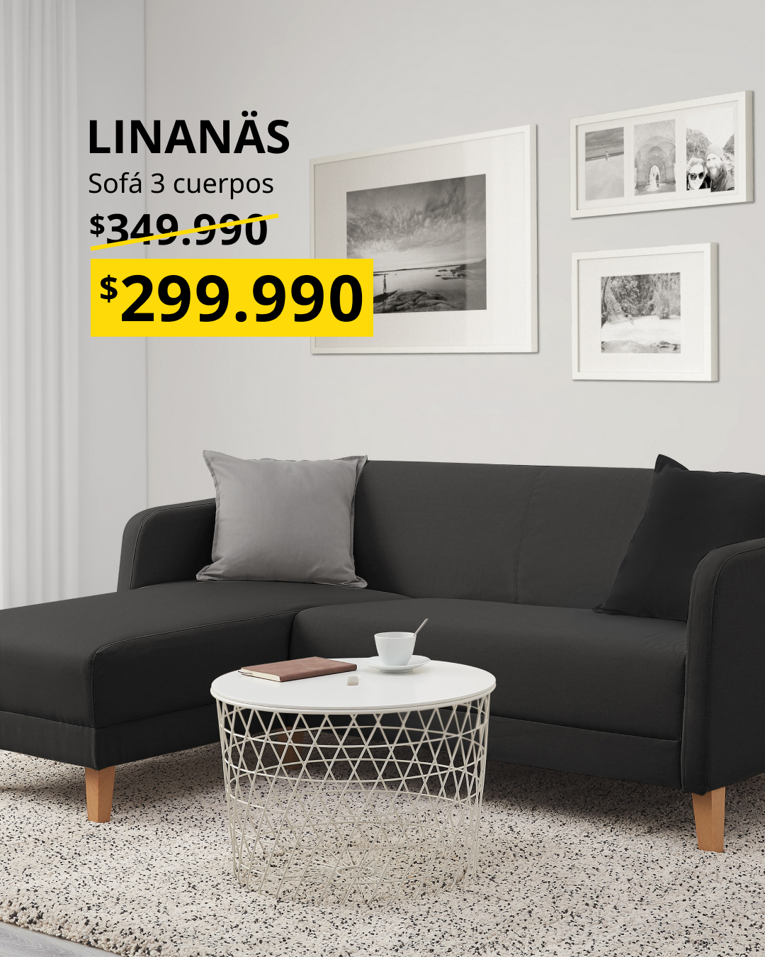 Imagen promocional con precio destacado en amarillo de renovación de living.