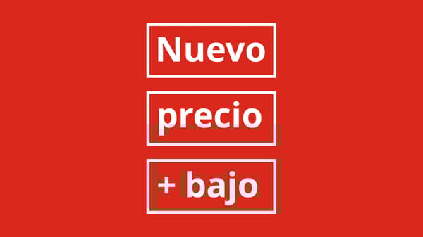Imagen roja con el llamado de "Nuevos precios + bajos" en blanco