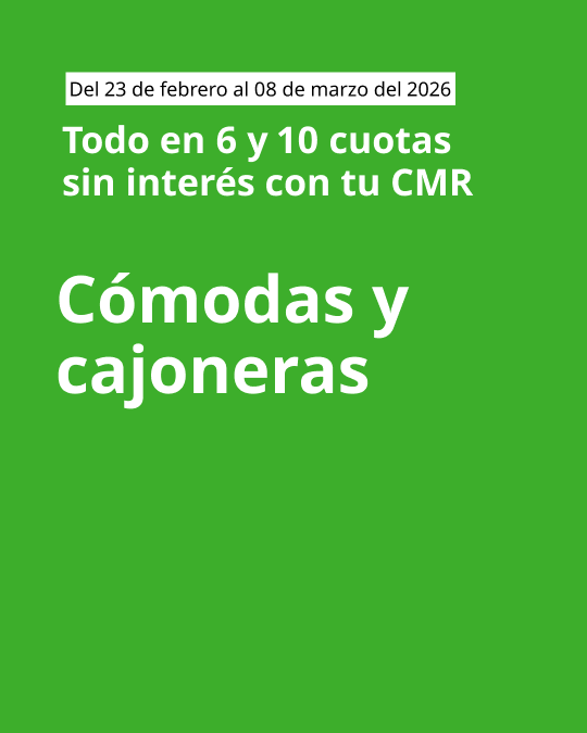 Imagen verde con mensaje de cuotas sin interés de 6 y 10 y llamado de cómodas y cajoneras en letra blanca.