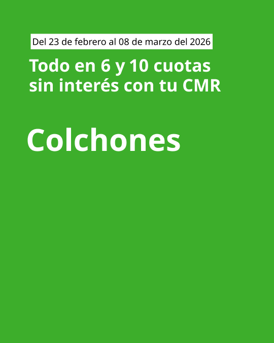 Imagen verde con mensaje de cuotas sin interés de 6 y 10 y llamado de colchones en letra blanca.