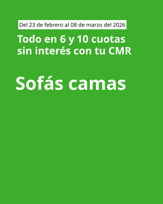 Imagen verde con mensaje de cuotas sin interés de 6 y 10 y llamado de sofás cama en letra blanca.