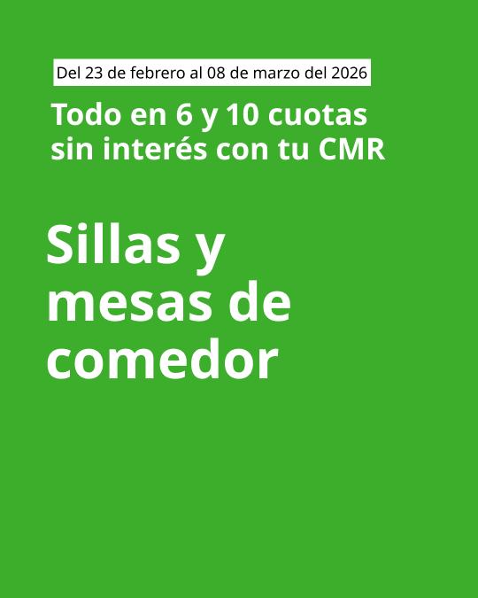 Imagen verde con mensaje de cuotas sin interés de 6 y 10 y llamado de sillas y mesas de comedor en letra blanca.