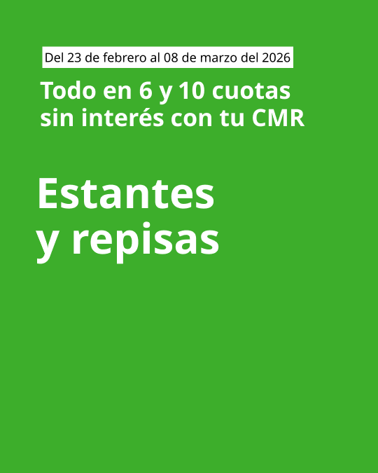 Imagen verde con mensaje de cuotas sin interés de 6 y 10 y llamado de estantes y repisas en letra blanca.