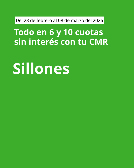 Imagen verde con mensaje de cuotas sin interés de 6 y 10 y llamado de sillones en letra blanca.