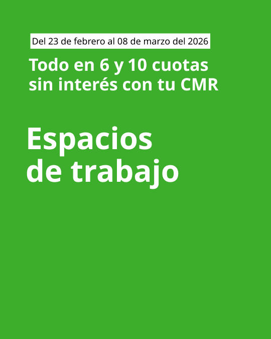 Imagen verde con mensaje de cuotas sin interés de 6 y 10 y llamado de espacios de trabajo en letra blanca.