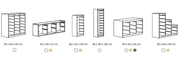 Images avec les différentes structures TROFAST, les tailles en dessous et les couleurs disponibles 