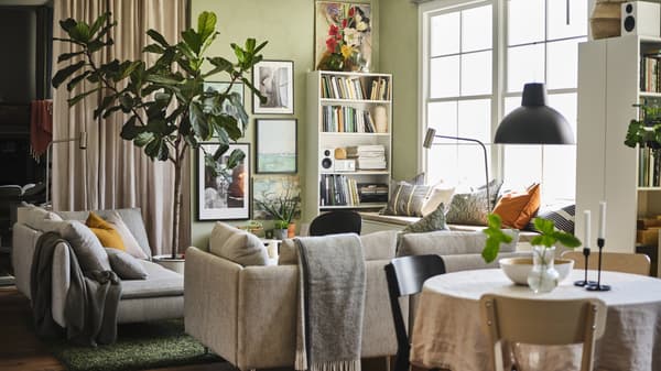 Imaginea arată un living modern și luminos, cu o canapea gri, perne colorate, o masă rotundă acoperită cu o față de masă albă, scaune și diverse plante. Pe perete sunt agățate tablouri și există o bibliotecă plină de cărți lângă fereastră.