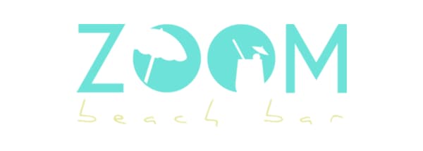 Imaginea arată un logo cu textul „ZOOM” în turcoaz, unde literele „O” includ o umbrelă de plajă și un pahar cu băutură. Sub text apare „beach bar” scris cu galben.