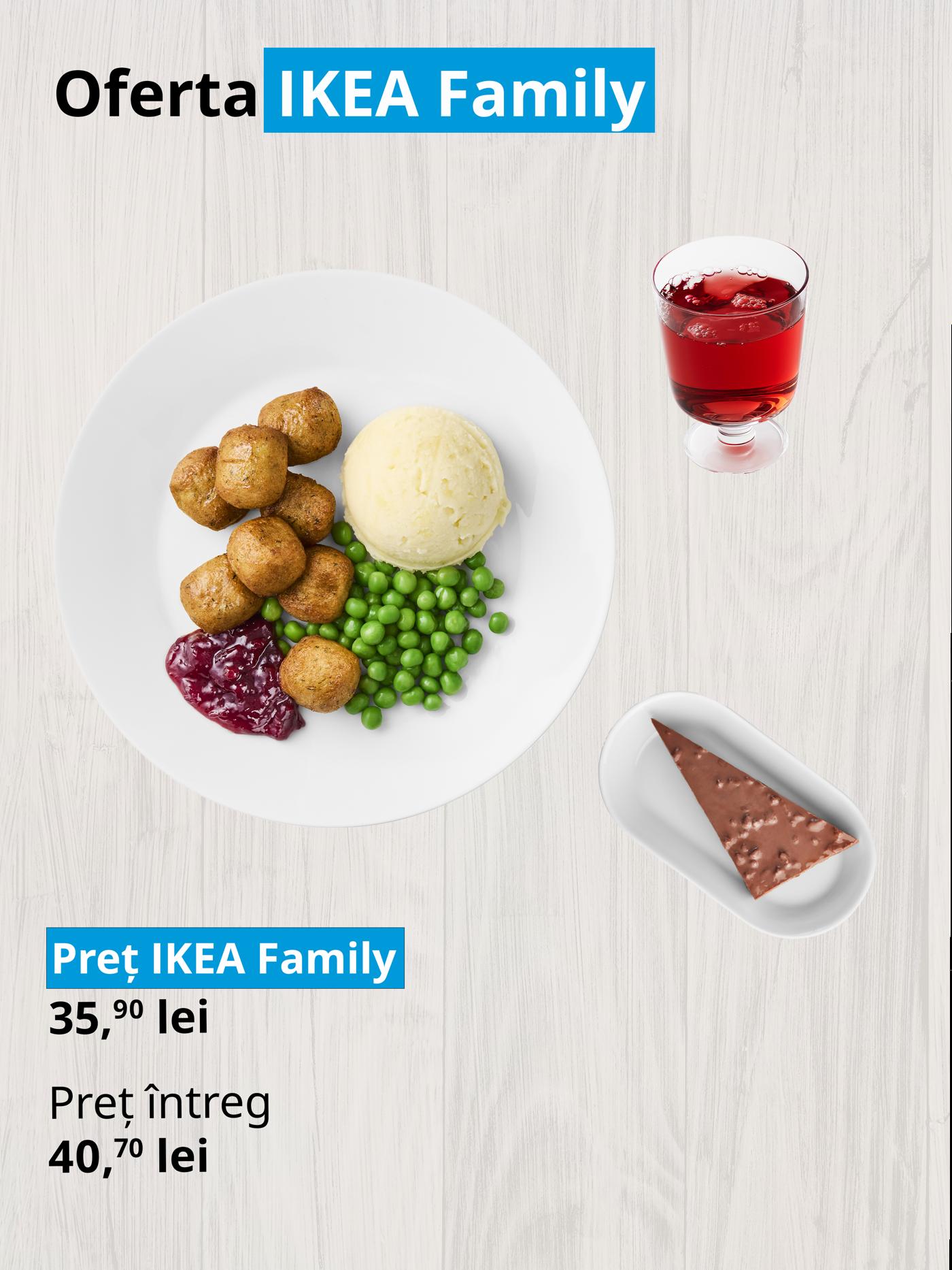 Imaginea prezintă o ofertă IKEA Family cu un fel de mâncare, un pahar cu o prăjitură. Prețul redus este 35,90 lei, comparativ cu prețul întreg de 40,70 lei.