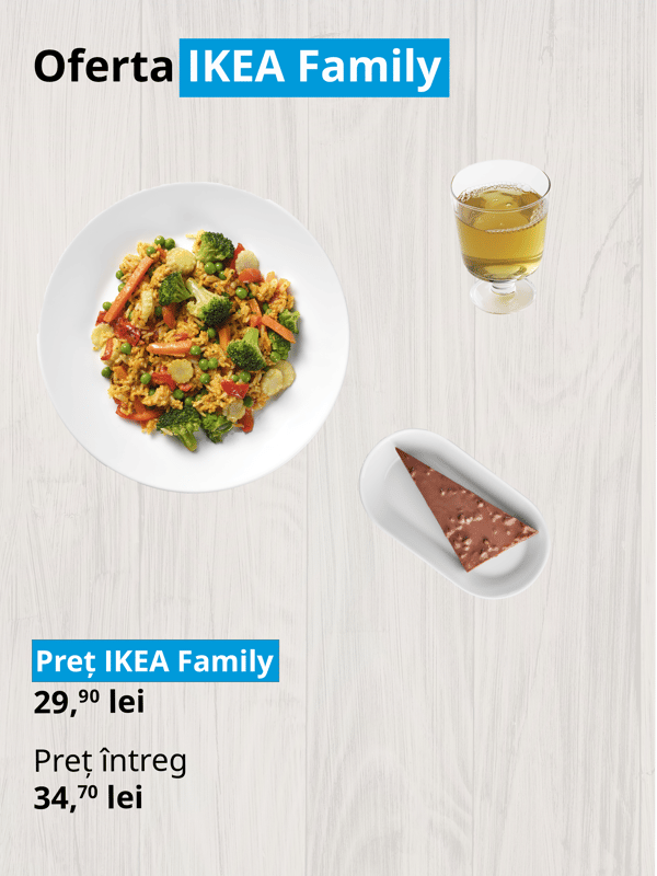 Imaginea prezintă o ofertă IKEA Family cu un fel de mâncare, un pahar cu băutură și o felie de tort. Prețul redus este 29,90 lei, comparativ cu prețul întreg de 34,70 lei.